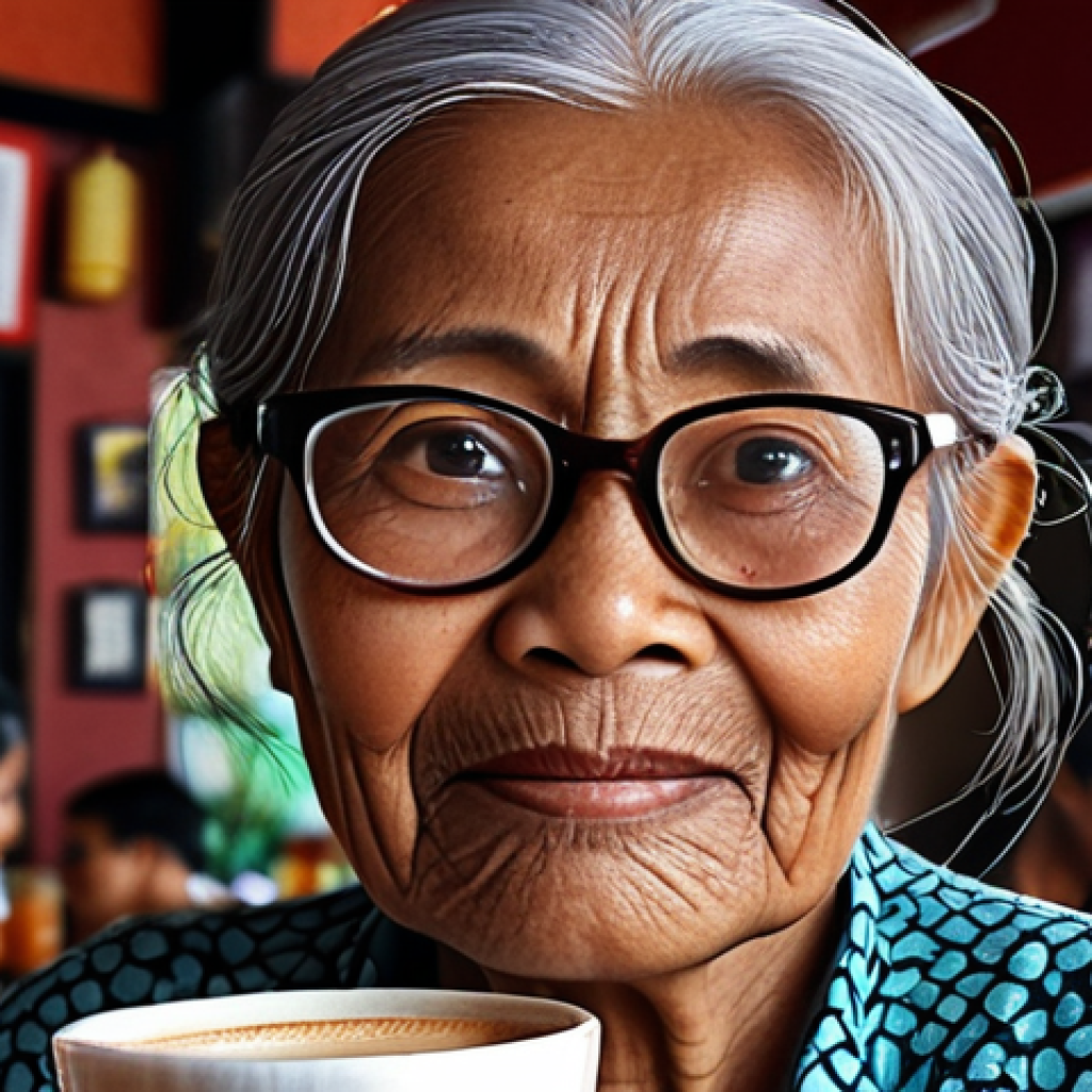 **

Prompt: "Elderly Malay woman with large glasses, high-tied hair, unique style. Coffee shop setting. Expressive face reflecting life experiences. Inspiration for character design."

**