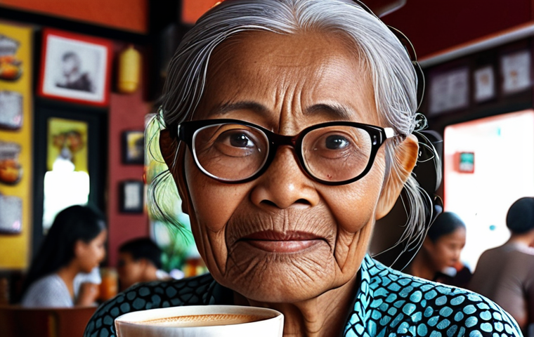 **

Prompt: "Elderly Malay woman with large glasses, high-tied hair, unique style. Coffee shop setting. Expressive face reflecting life experiences. Inspiration for character design."

**