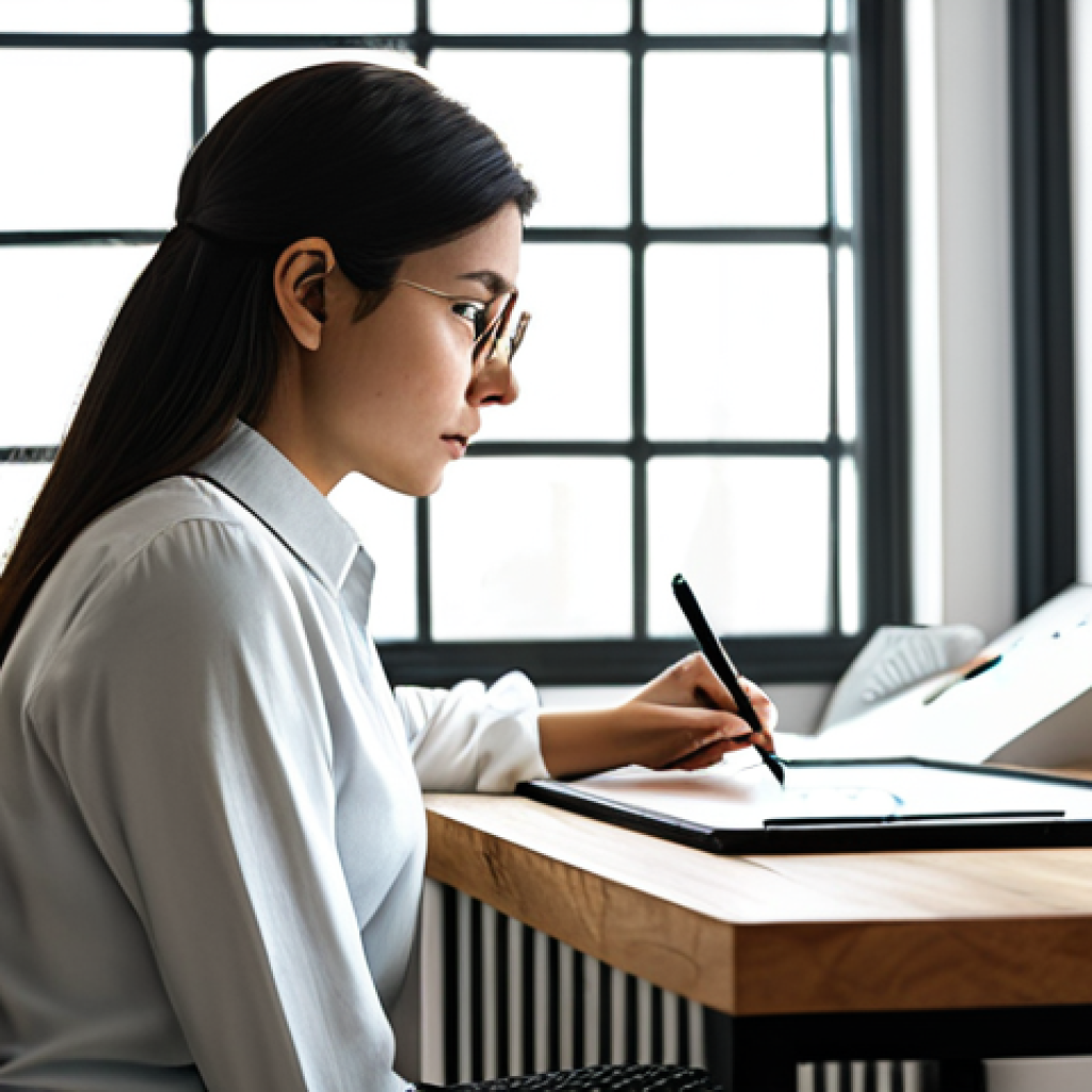 A skilled female character designer in a modest long-sleeved blouse and neat trousers, fully clothed, appropriate attire, sitting at a modern wooden desk. She is intently focused on a large digital drawing tablet, with a detailed character design visible on the screen. Physical sketches and professional art supplies are neatly arranged on the desk. The background is a well-lit, organized home office with a large window letting in soft natural light, and a potted plant in the corner. Professional photography, high resolution, perfect anatomy, correct proportions, natural pose, well-formed hands, proper finger count, natural body proportions, safe for work, appropriate content, family-friendly.
