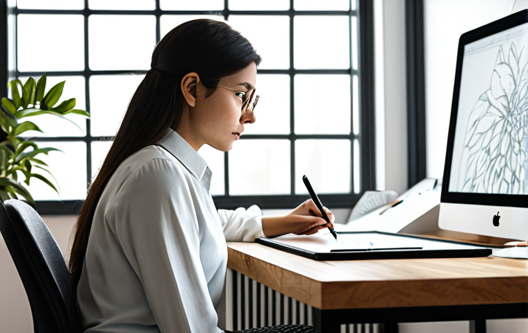 A skilled female character designer in a modest long-sleeved blouse and neat trousers, fully clothed, appropriate attire, sitting at a modern wooden desk. She is intently focused on a large digital drawing tablet, with a detailed character design visible on the screen. Physical sketches and professional art supplies are neatly arranged on the desk. The background is a well-lit, organized home office with a large window letting in soft natural light, and a potted plant in the corner. Professional photography, high resolution, perfect anatomy, correct proportions, natural pose, well-formed hands, proper finger count, natural body proportions, safe for work, appropriate content, family-friendly.