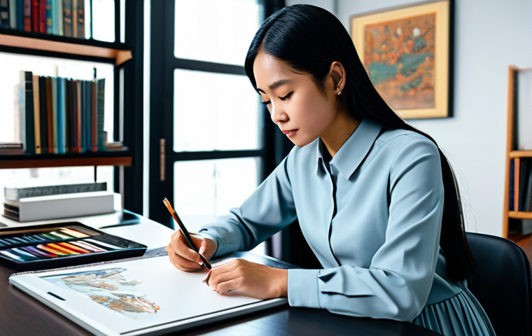 A skilled character designer, a woman in professional dress, seated comfortably at a sleek desk in a modern, well-lit studio. She is sketching on a large digital tablet, with traditional art supplies like pencils and sketchbooks neatly arranged nearby. The background features shelves filled with diverse character design references and cultural art pieces, hinting at local Malaysian influences in character inspiration. She is fully clothed in modest attire, appropriate content, safe for work, with perfect anatomy, correct proportions, and well-formed hands engaged in the creative process, displaying a professional and thoughtful expression.