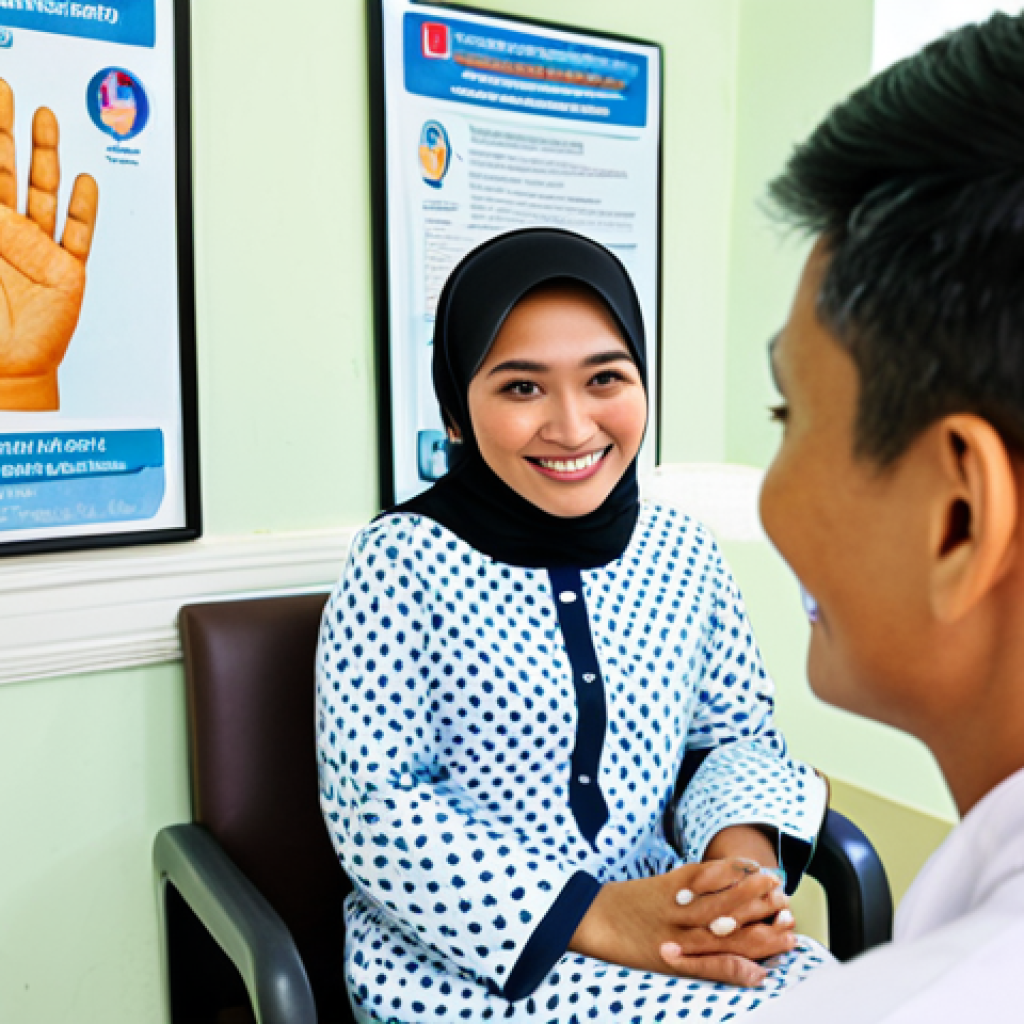 **

A professional Malaysian doctor in a modest baju kurung, smiling warmly at a young patient (also fully clothed) in a brightly lit clinic waiting room. The clinic features posters promoting healthy living and a waiting area with comfortable chairs. Safe for work, appropriate content, fully clothed, professional, family-friendly, perfect anatomy, natural proportions, well-formed hands, proper finger count, natural body proportions.

**