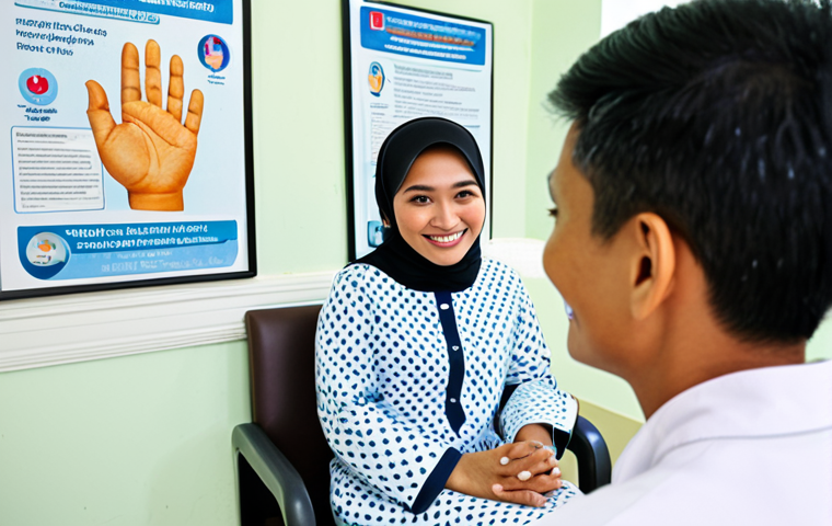 **

A professional Malaysian doctor in a modest baju kurung, smiling warmly at a young patient (also fully clothed) in a brightly lit clinic waiting room. The clinic features posters promoting healthy living and a waiting area with comfortable chairs. Safe for work, appropriate content, fully clothed, professional, family-friendly, perfect anatomy, natural proportions, well-formed hands, proper finger count, natural body proportions.

**